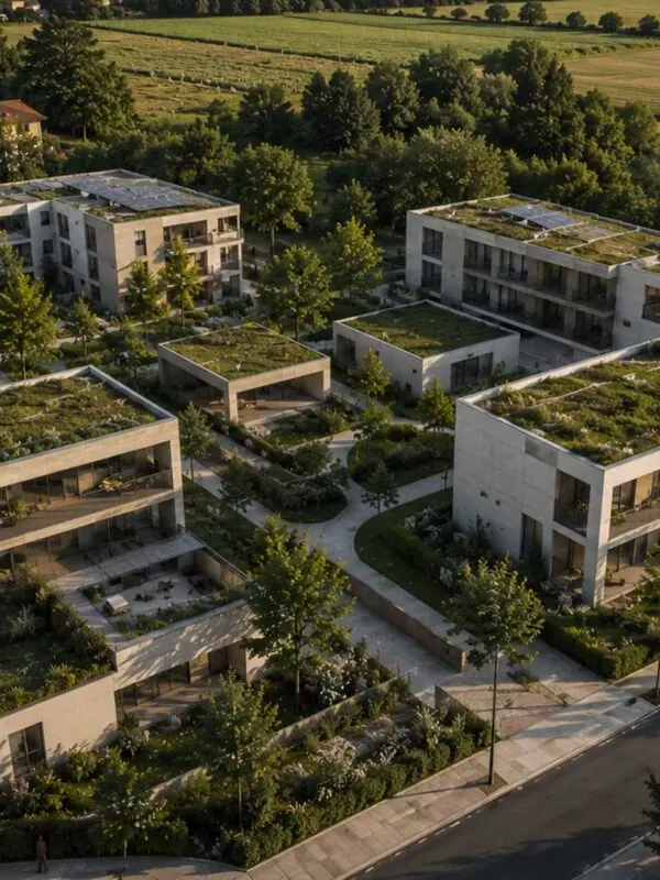 Quartiere residenziale a terrazze verdi immerso nella campagna, vista aerea. Immagine generata con intelligenza artificiale.