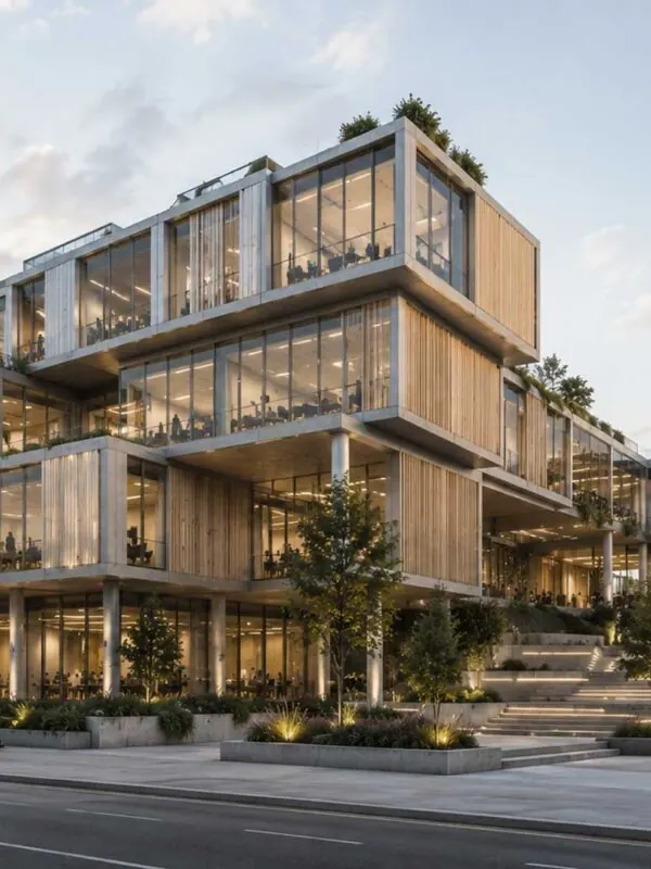 Edificio terrazzato con struttura in legno e facciate vetrate in un contesto urbano. Immagine generata con intelligenza artificiale.